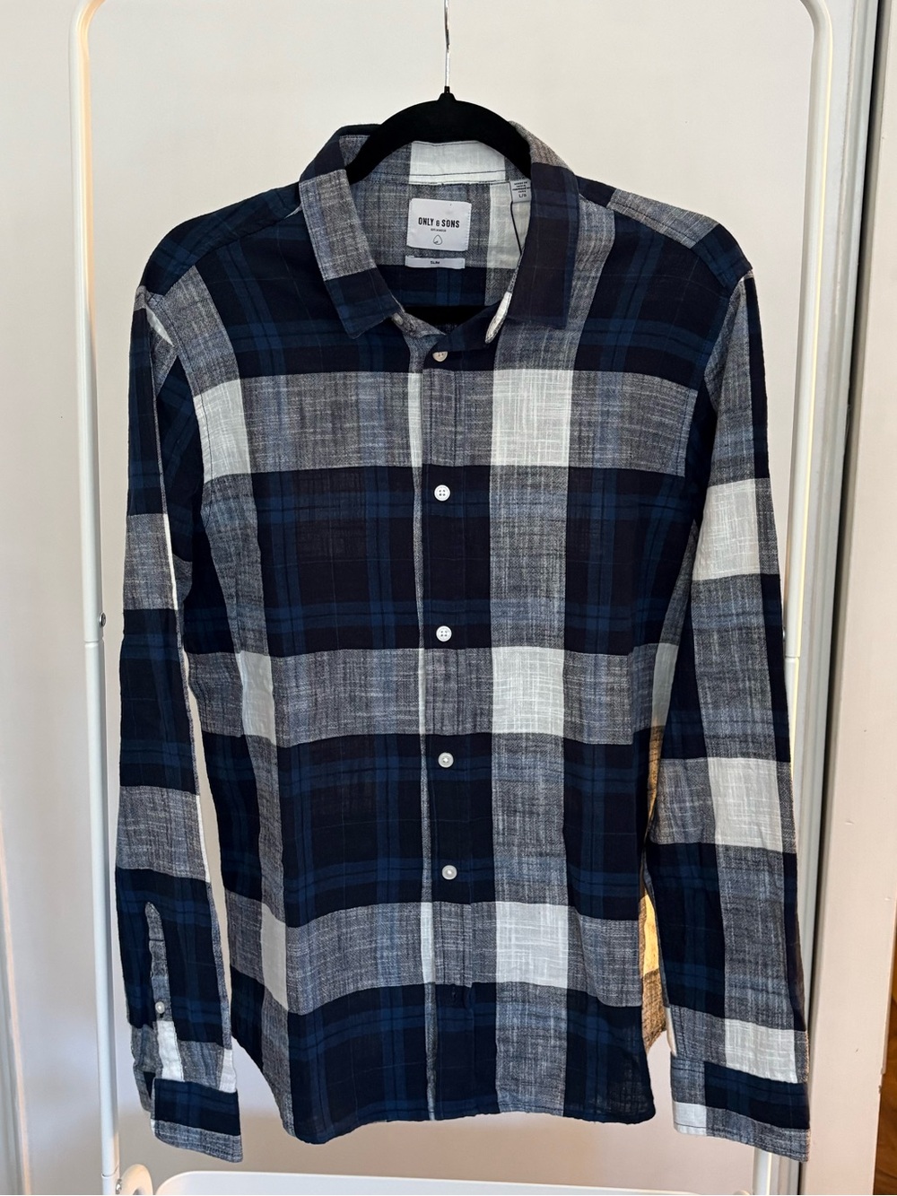 ONLY & SONS Navy and White Plaid Casual Button-Down Shirt